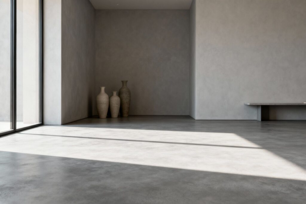 Moderner Raum mit Mikrozementboden, drei großen Vasen in einer Ecke und Sonnenlicht, das durch ein großes Fenster fällt.